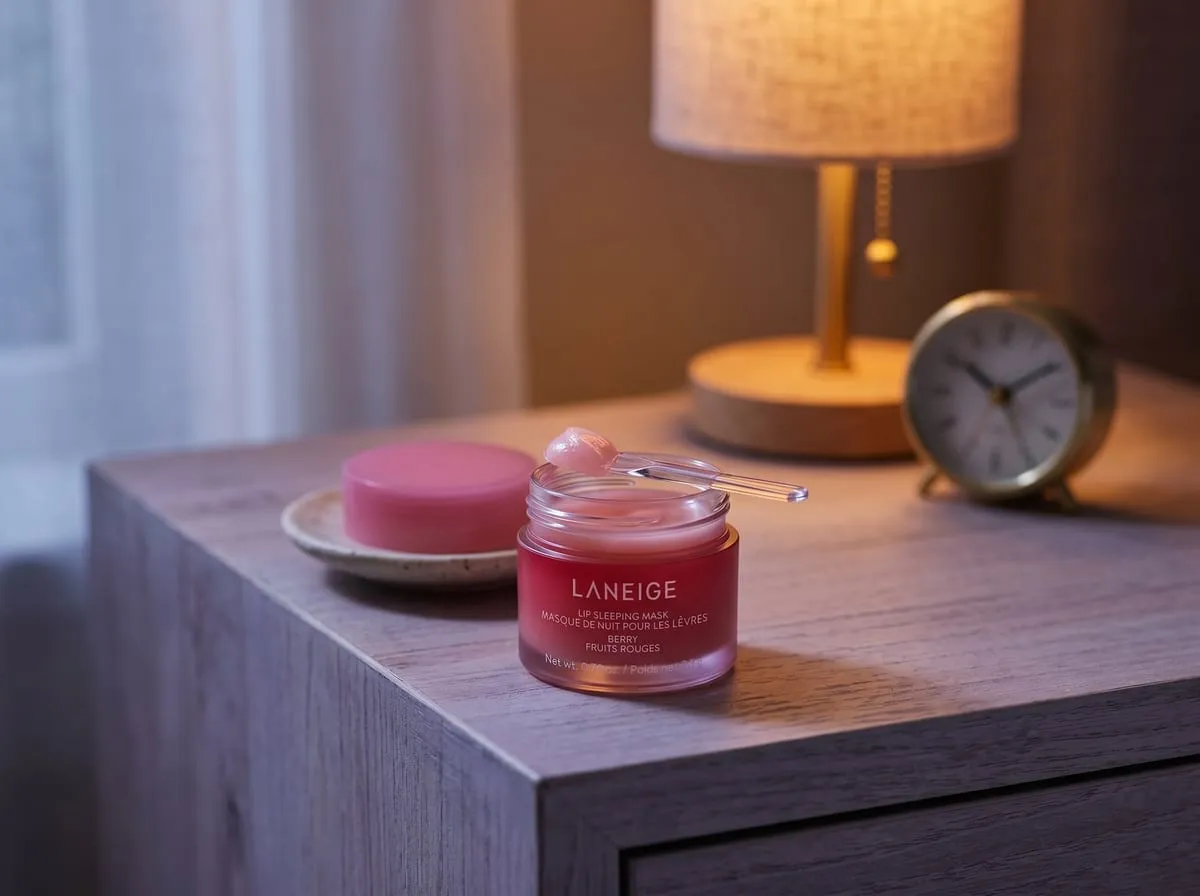 LANEIGE Lip Sleeping Mask on a nightstand beside a lamp, evening routine