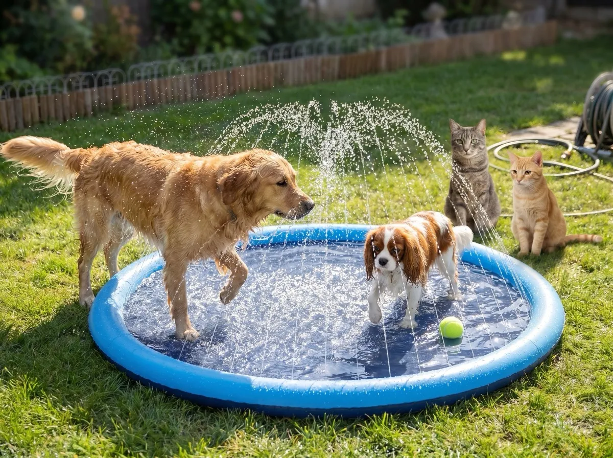 A multi-pet backyard scene on the Peteast dog splash pad — a golden retriever in the spray and a Cavalier on the mat while two cats watch from the dry grass edge