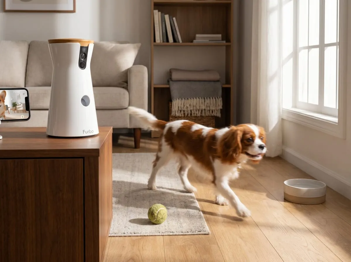 Furbo 360 dog camera panning to automatically track a dog and toss treats across a living room