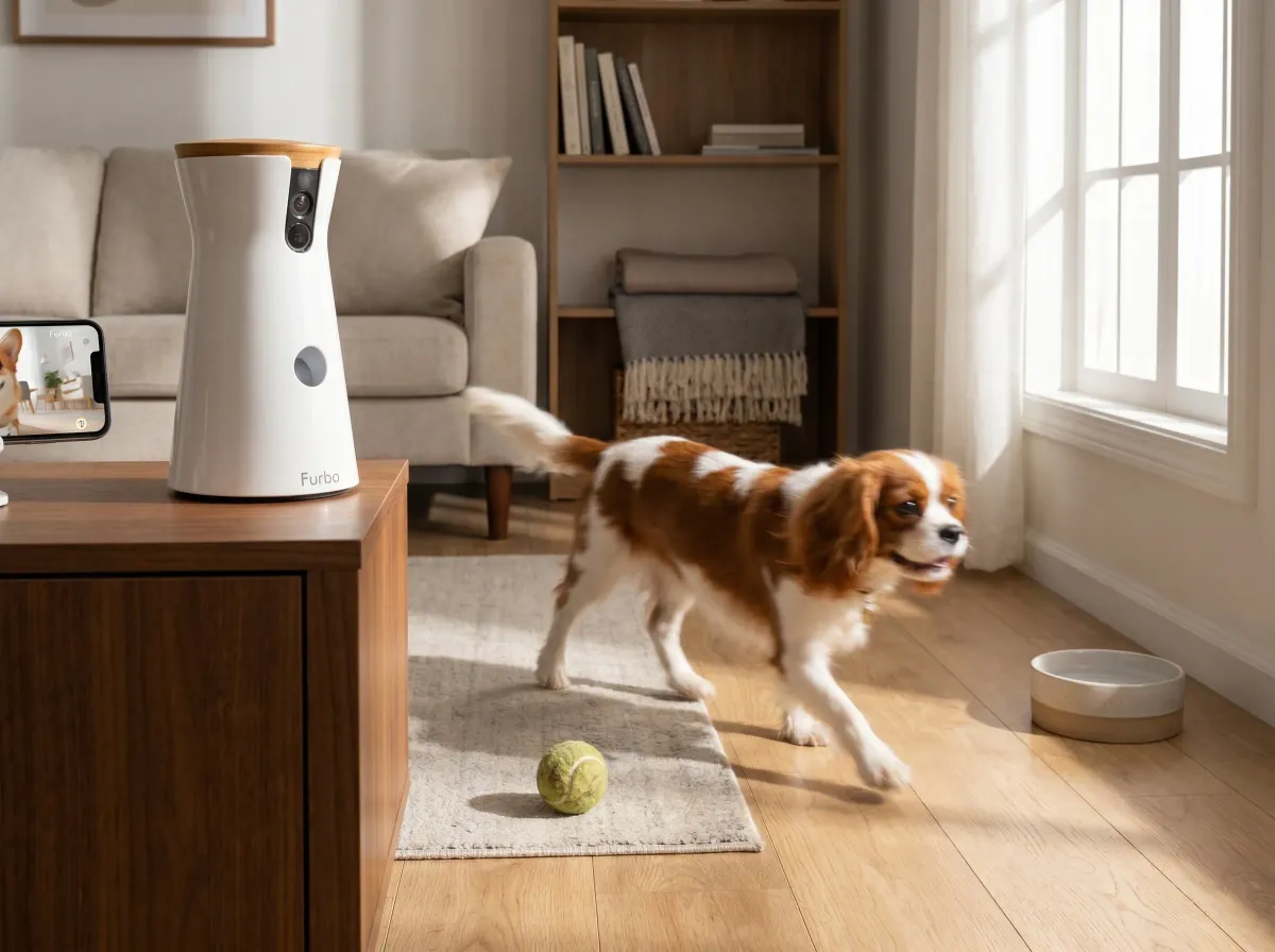Furbo 360 dog camera panning to automatically track a dog and toss treats across a living room
