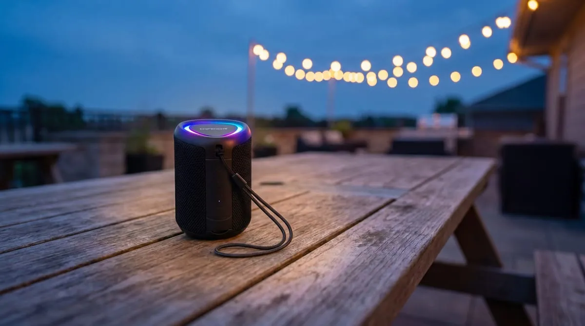 CHIFENCHY speaker at a campsite picnic table, LED ring glowing amber at dusk