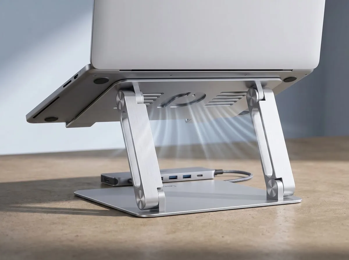 Lamicall open-frame aluminum laptop stand showing the ventilation gap under a laptop