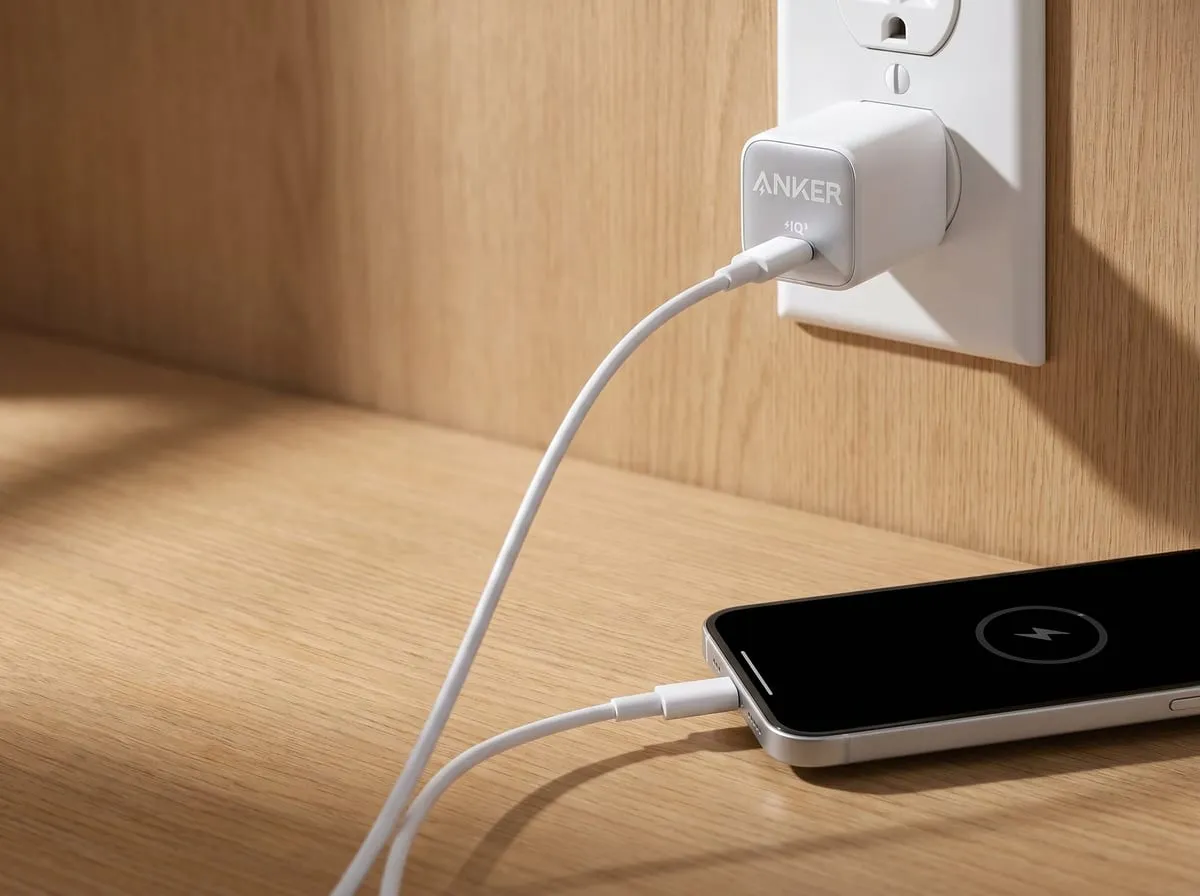 Anker Nano 30W charger plugged into a wall outlet charging a phone by USB-C cable