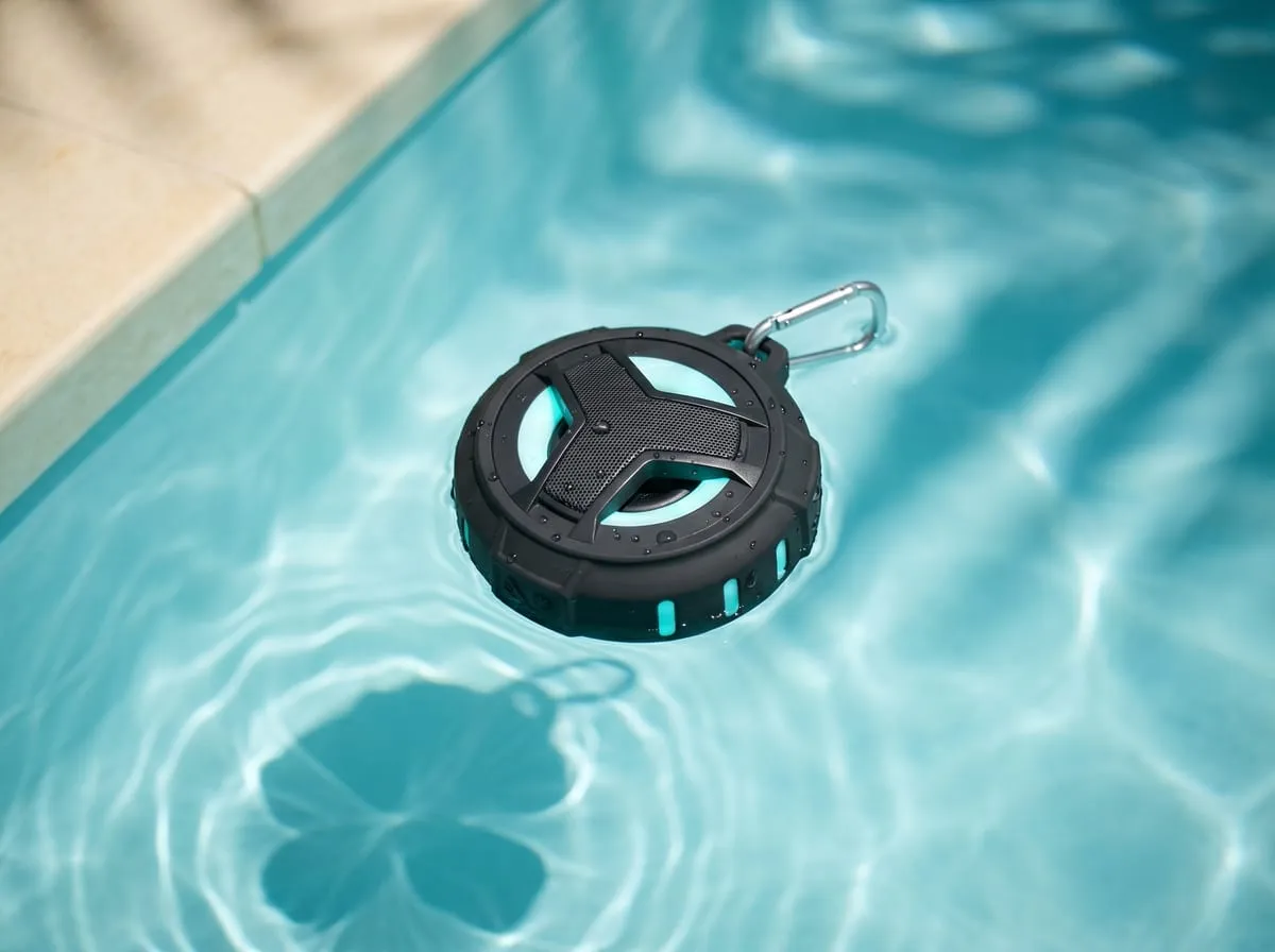 EBODA Bluetooth speaker floating face-up on bright cyan pool water with its carabiner attached