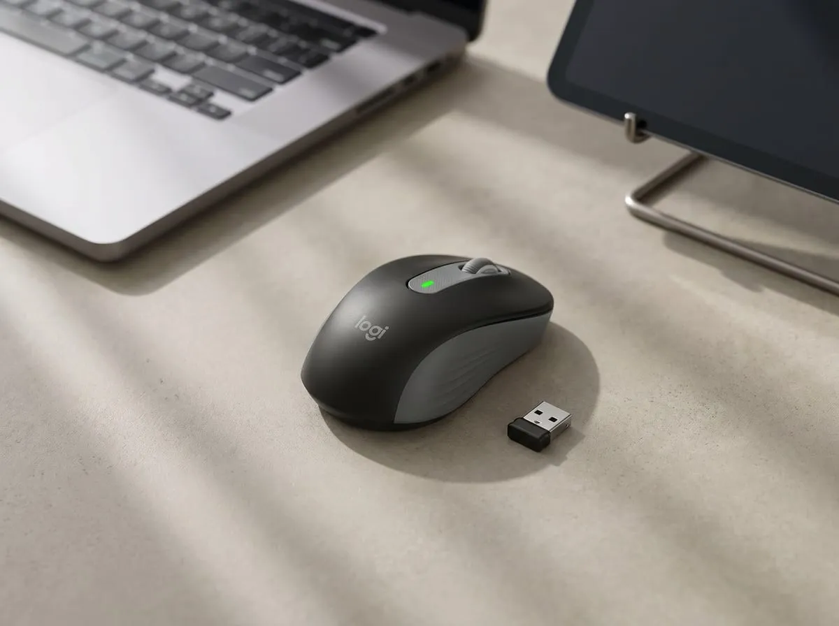 Logitech M650 wireless mouse on a desk between a MacBook and an iPad on a stand, with its Logi Bolt USB receiver