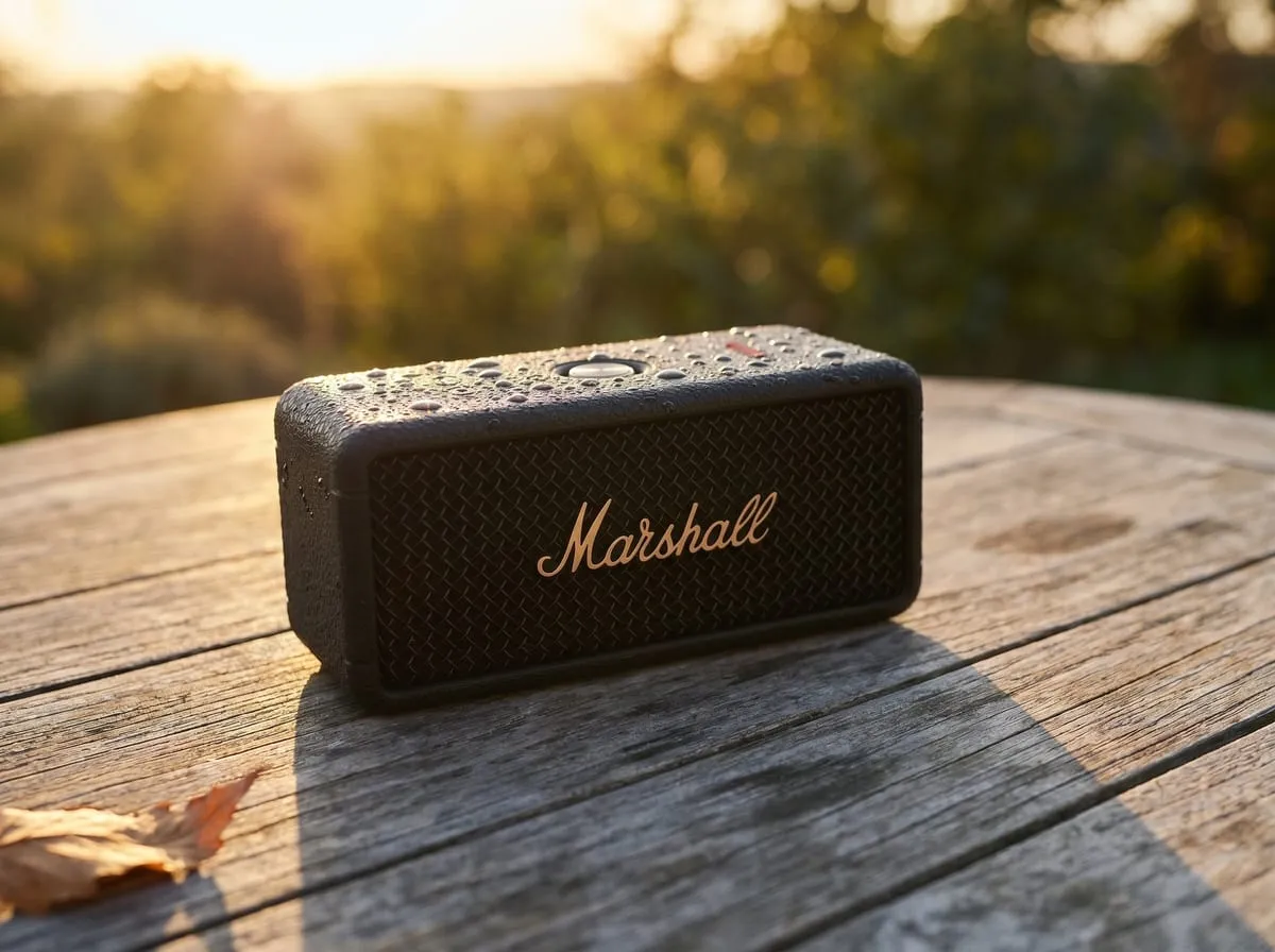 Marshall Emberton III with water droplets beaded on the grille, sitting on a weathered wooden table at golden-hour sunset