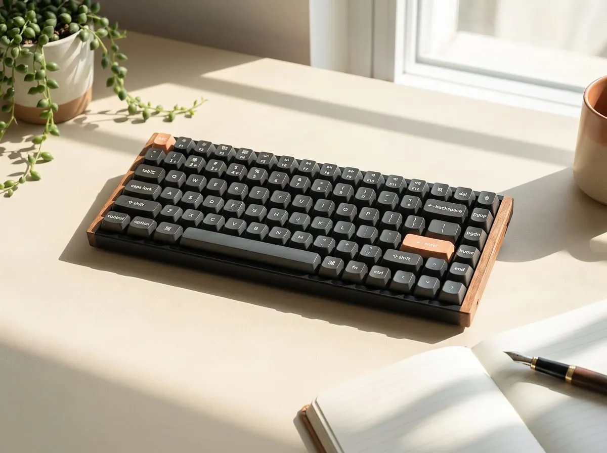 Keychron K2 HE on a bright cream productivity desk in daylight, next to a trailing plant, an open notebook with a fountain pen, and a ceramic mug