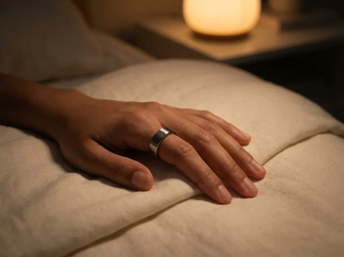 Oura Ring 4 worn on a hand at night