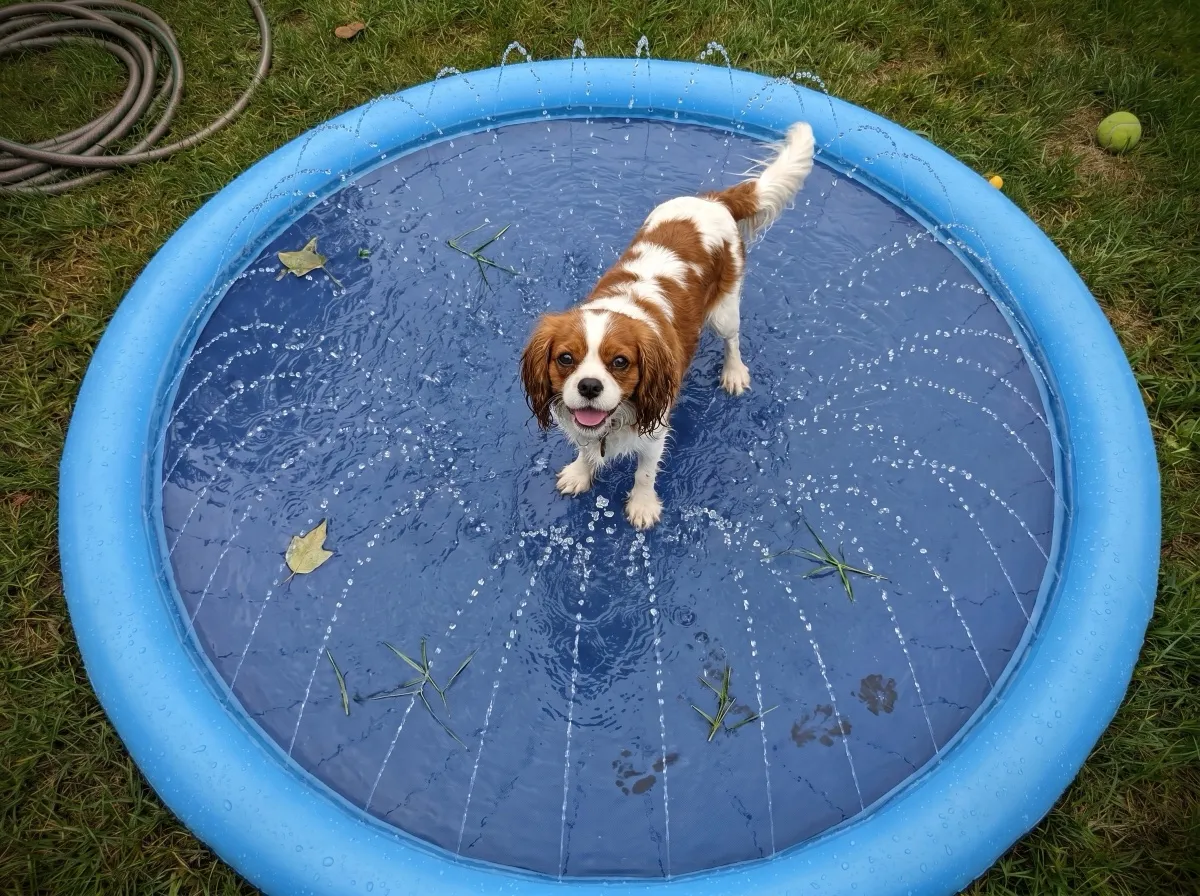 Overhead view of a Cavalier standing in the shallow center of the Peteast dog splash pad, the perimeter jets spraying inward across the anti-slip PVC surface
