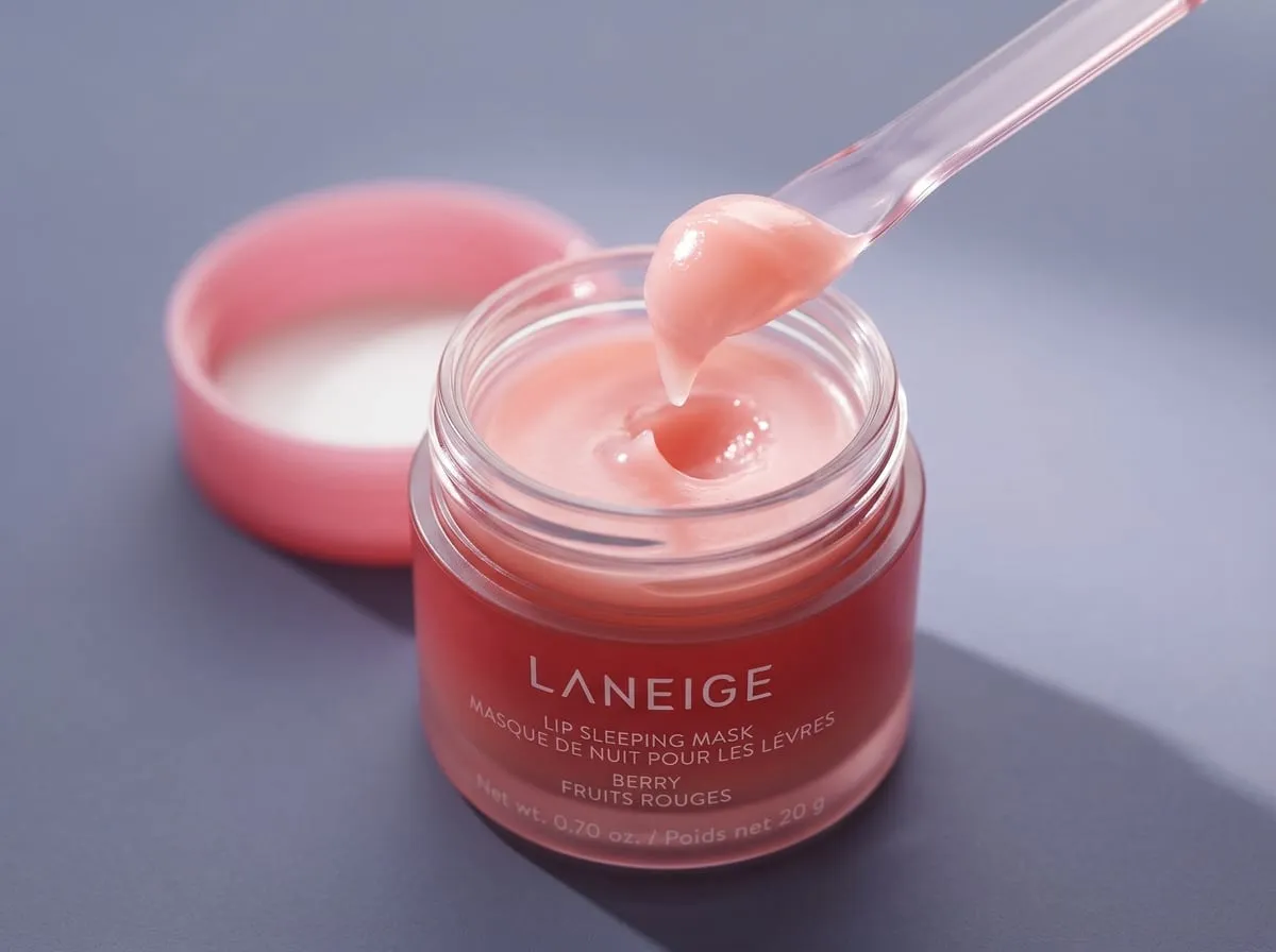 LANEIGE Lip Sleeping Mask used as a glossy daytime balm, close crop