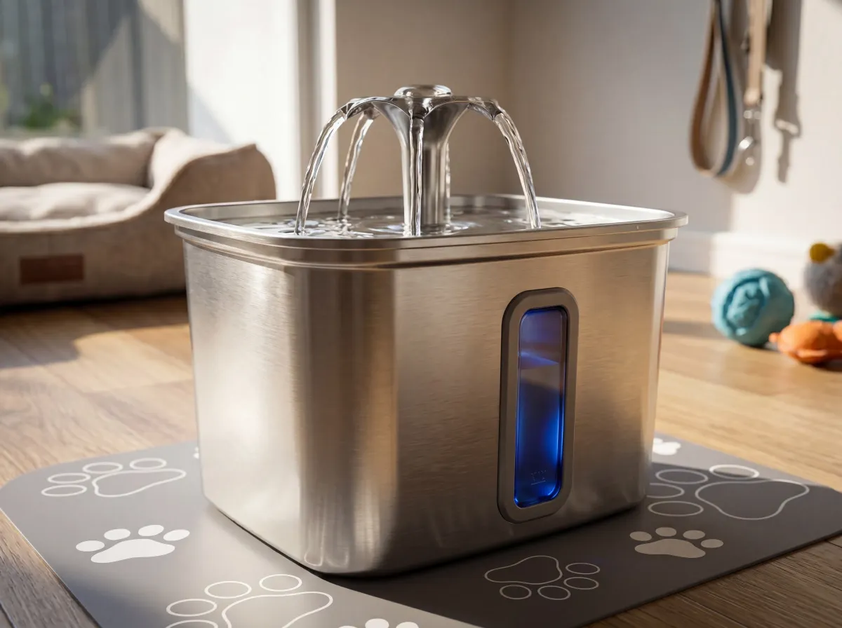 Veken stainless steel pet water fountain running quietly with the blue LED water-level indicator window lit on the front of the basin