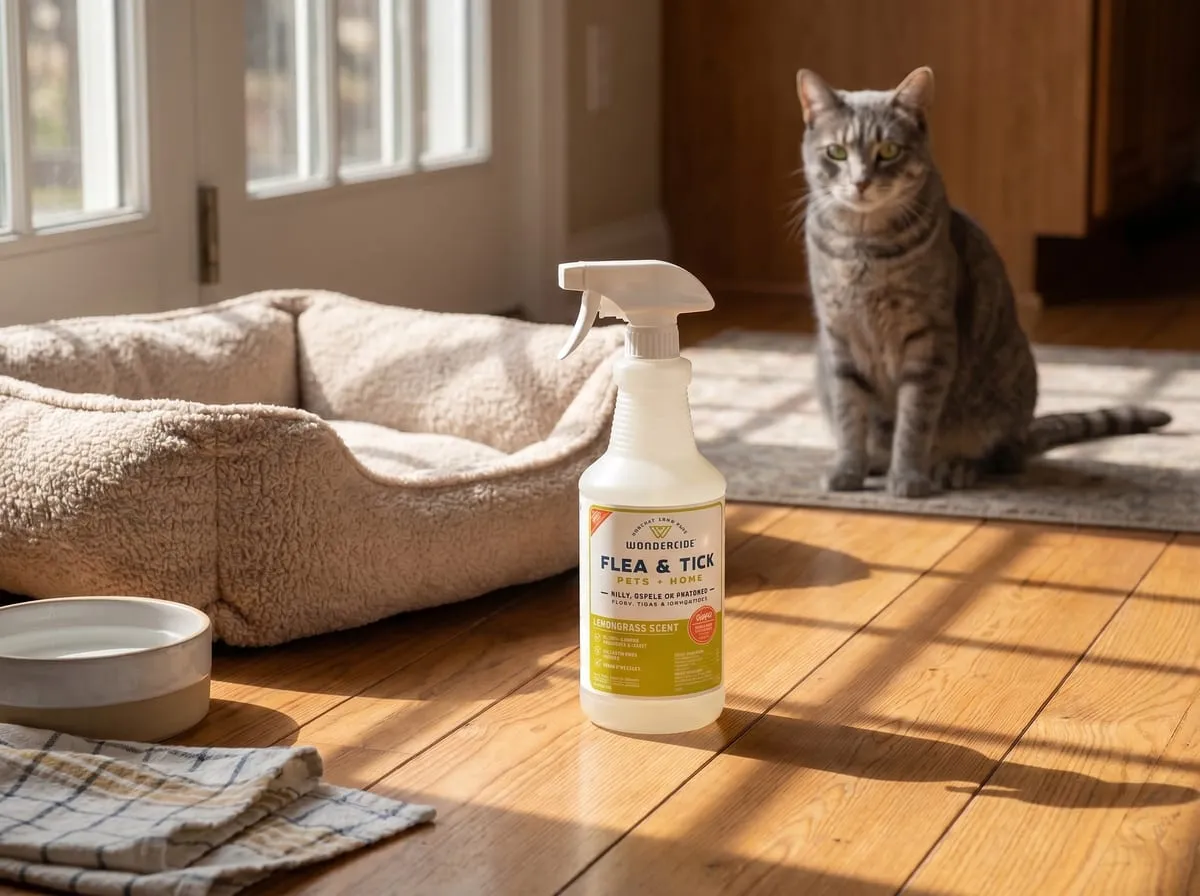 Wondercide flea and tick spray for pets used safely on pet beds, furniture, carpets and rugs throughout the home