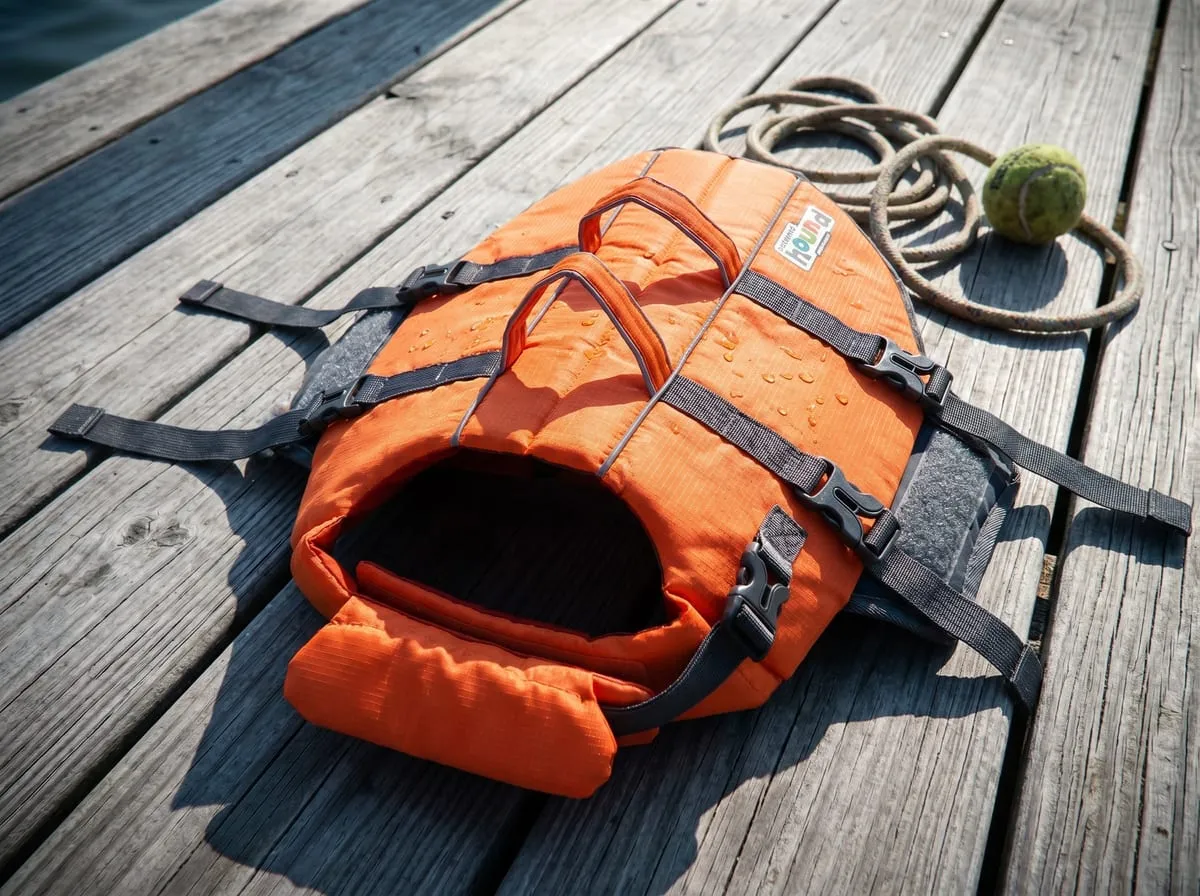 The Outward Hound Granby Splash dog life jacket laid flat on weathered wood decking showing the belly straps and buckles next to a coiled leash