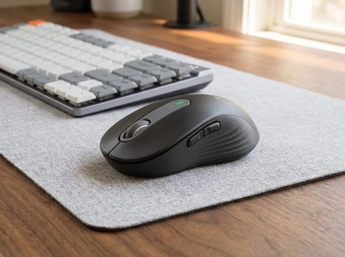 Logitech M650 on a fabric desk mat beside a mechanical keyboard on a walnut desk during a long work session