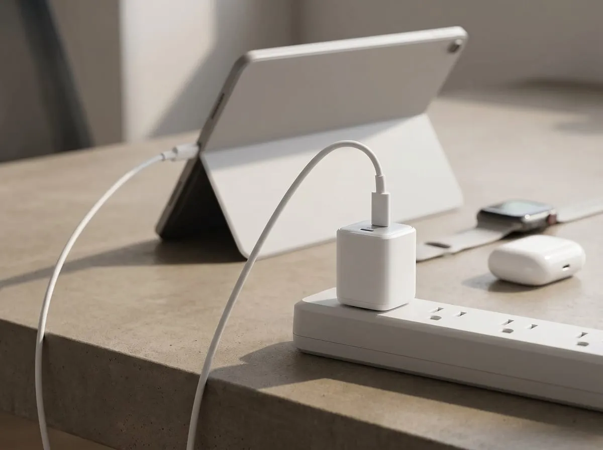 Anker Nano 30W charger on a desk powering a tablet, with a smartwatch and earbuds nearby