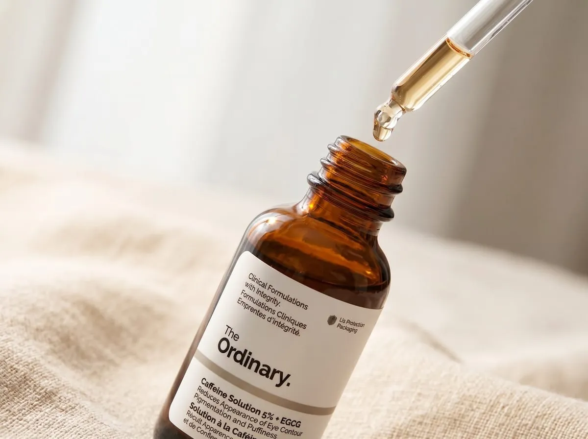 The Ordinary Caffeine — entry-point active ingredient, dropper bead on porcelain dish