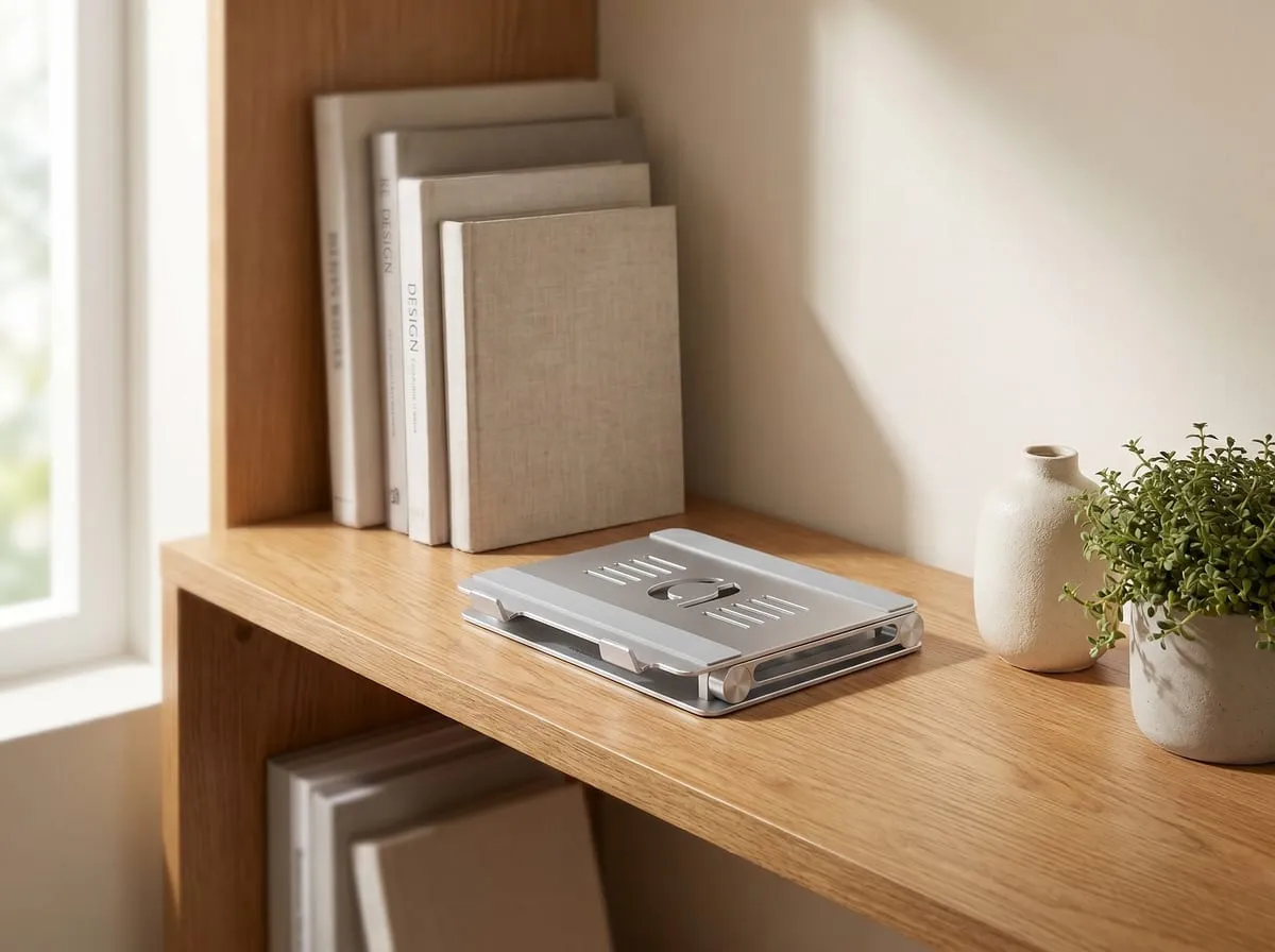 Lamicall laptop stand folded flat on a wood shelf beside books and a small plant