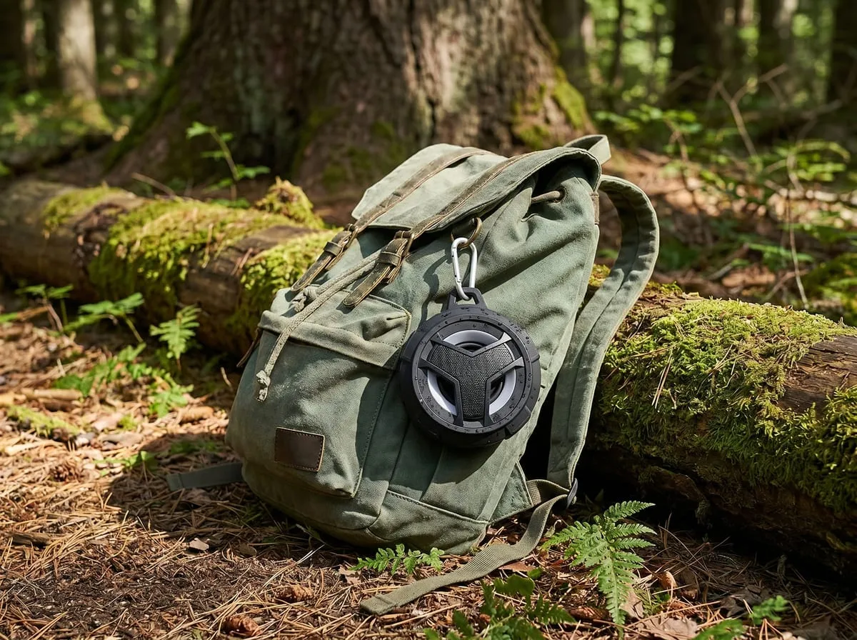 EBODA speaker clipped by its aluminum carabiner to a green canvas daypack on a forest trail