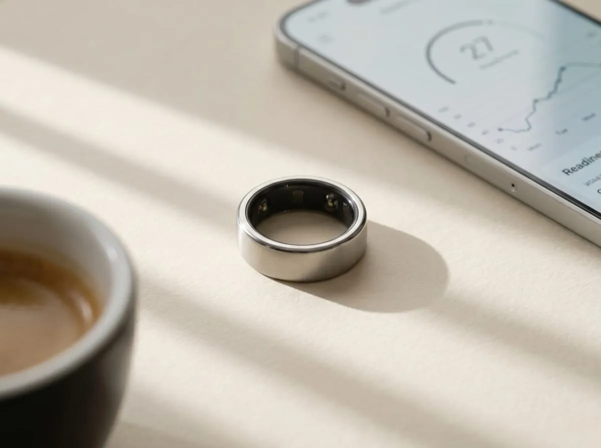 Oura Ring 4 Silver on a desk near a phone