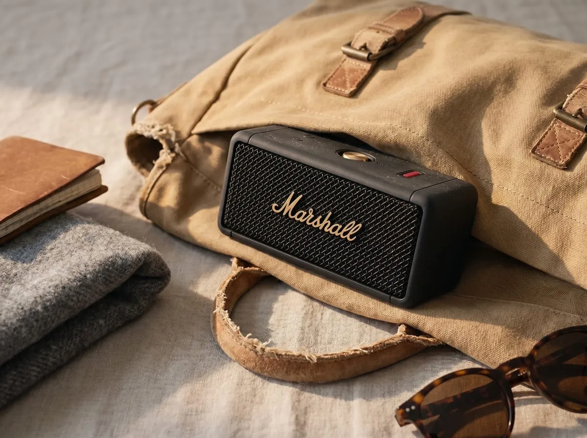 Marshall Emberton III resting against a waxed-canvas weekender bag with a notebook, folded sweater, and sunglasses
