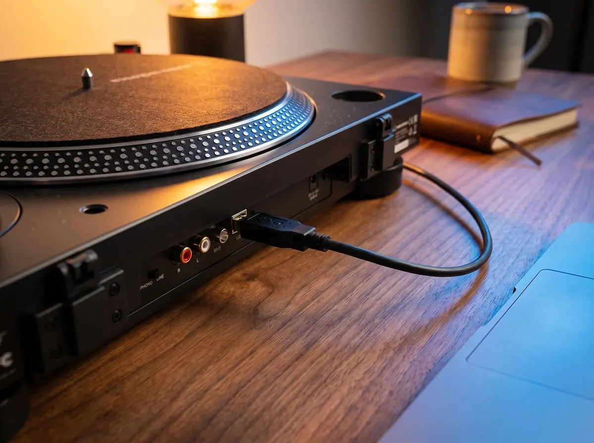 Rear of the Audio-Technica AT-LP120XUSB showing the USB output with cable plugged in, RCA jacks and PHONO/LINE switch