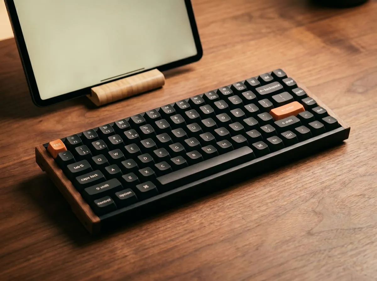 Keychron K2 HE on a walnut desk with no cable in sight, beside a tablet propped on a wooden stand, illustrating its wireless setup