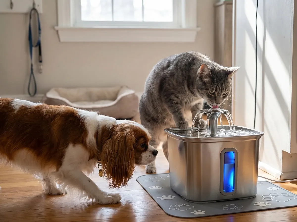 Stainless steel pet water fountain basin in a dishwasher rack, illustrating the 304 food-grade stainless construction and dishwasher-safe top tier with BPA-free water-contact parts