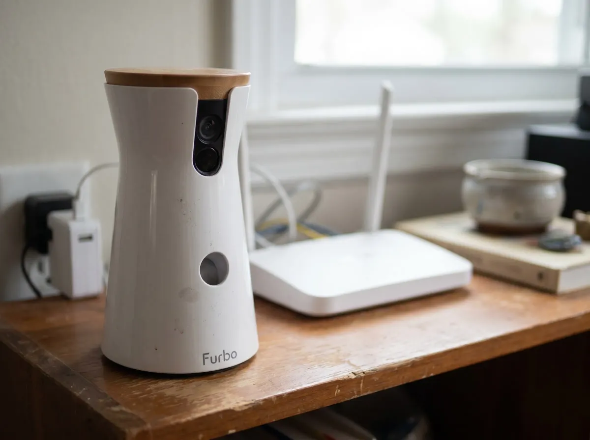 Furbo 360 dog camera on a shelf with a Wi-Fi router visible in the background