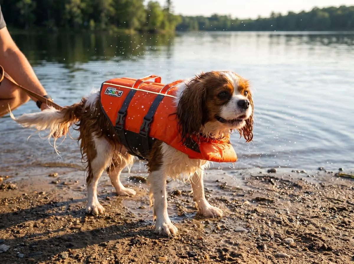 A dog in the orange Outward Hound Granby Splash life jacket shaking off water at a lake's edge with droplets frozen mid-air and reflective trim catching the light