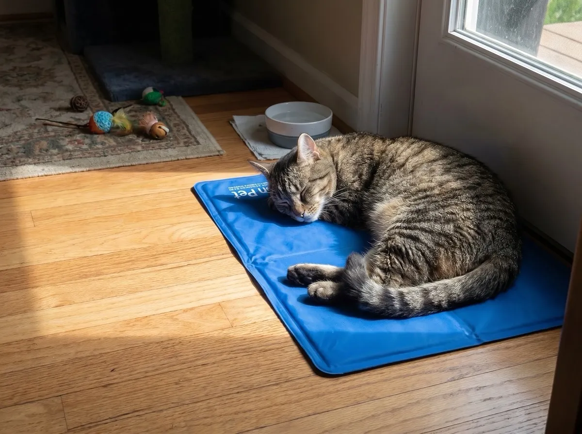 A cat-and-dog-friendly cooling mat — the Green Pet Shop Cool Pet Pad with a pet napping contentedly in a shaded indoor spot