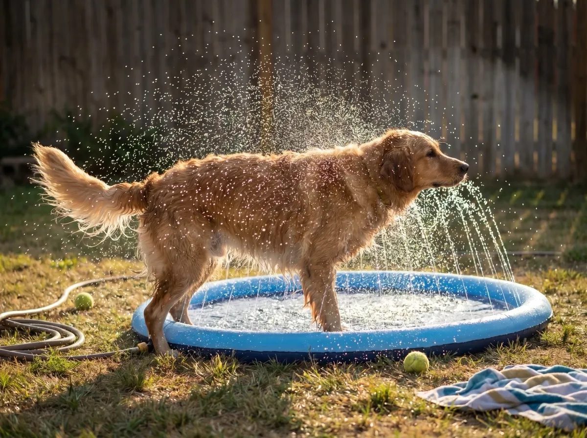 A golden retriever shaking off water at the edge of the Peteast dog splash pad in golden-hour light, the perimeter ring spraying a fine fan behind