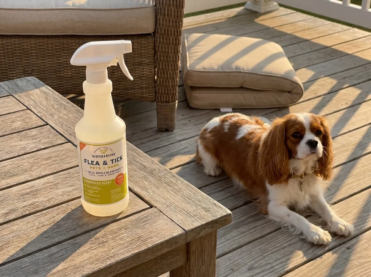 Wondercide lemongrass flea and tick spray bottle staged at home, ready for daily pet and surface use