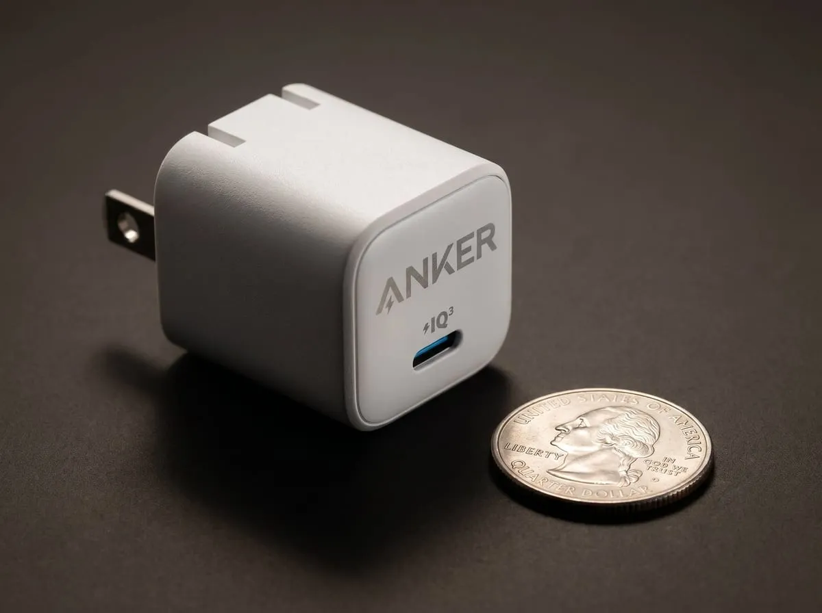 Macro of the Anker Nano 30W GaN charger beside a US quarter for scale on a dark surface