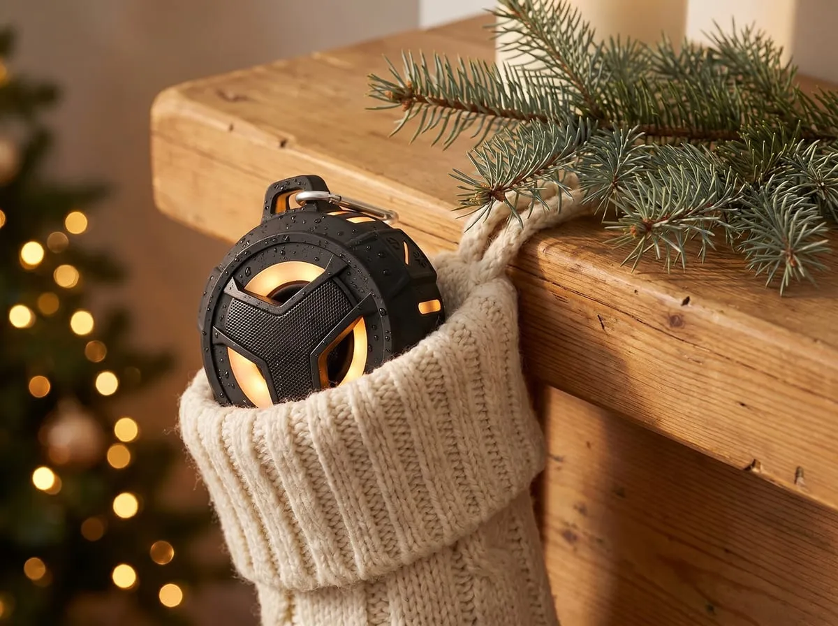EBODA shower speaker with a warm amber LED tucked into a cream knit Christmas stocking beside a glowing Christmas tree