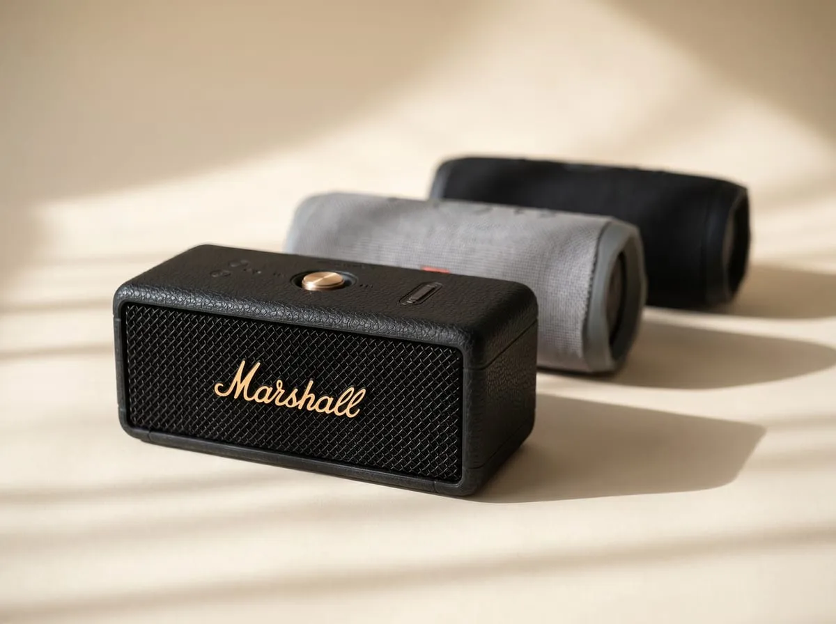 Marshall Emberton III in front of a cylindrical JBL-style portable speaker on a cream backdrop with palm-shadow light