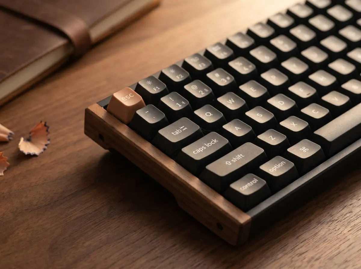 Macro close-up of the Keychron K2 HE keycap legends and walnut frame, with a leather notebook softly blurred behind