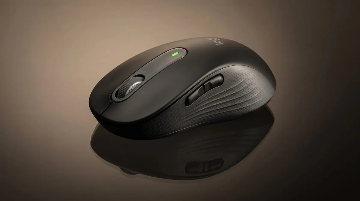 Logitech M650 on a glossy reflective surface in dramatic studio light, showing the SmartWheel and SilentTouch buttons