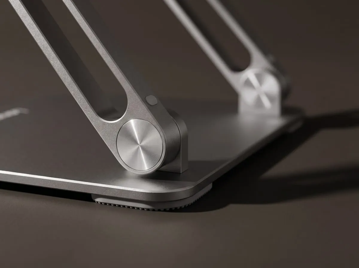 Macro of the Lamicall laptop stand weighted base, rubber feet and adjustment hinge