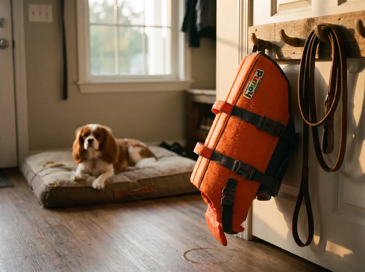 The orange Outward Hound Granby Splash dog life jacket hanging on a hook by a back door beside a leash with a dog resting in the background