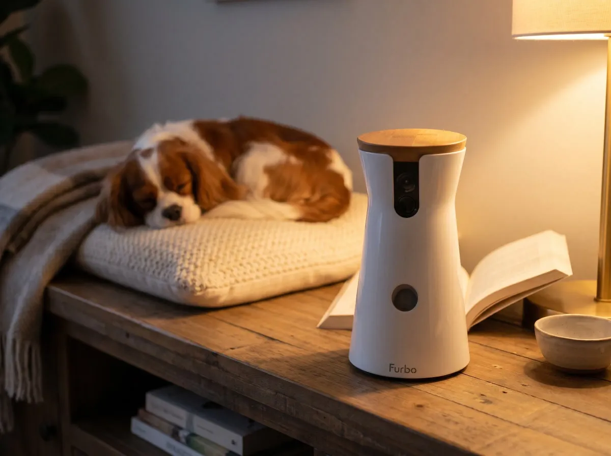 Furbo 360 dog camera at dusk in a warm-lit living room with a dog nearby