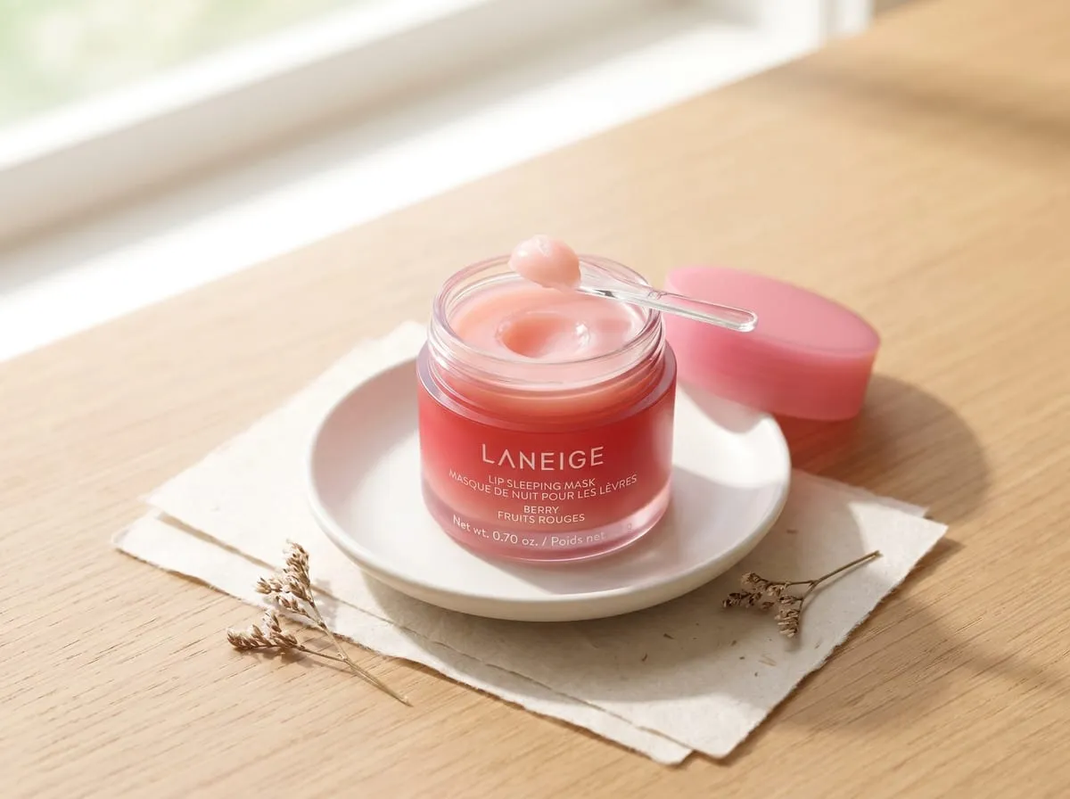 LANEIGE Lip Sleeping Mask hero shot with soft morning light and dewy reflection