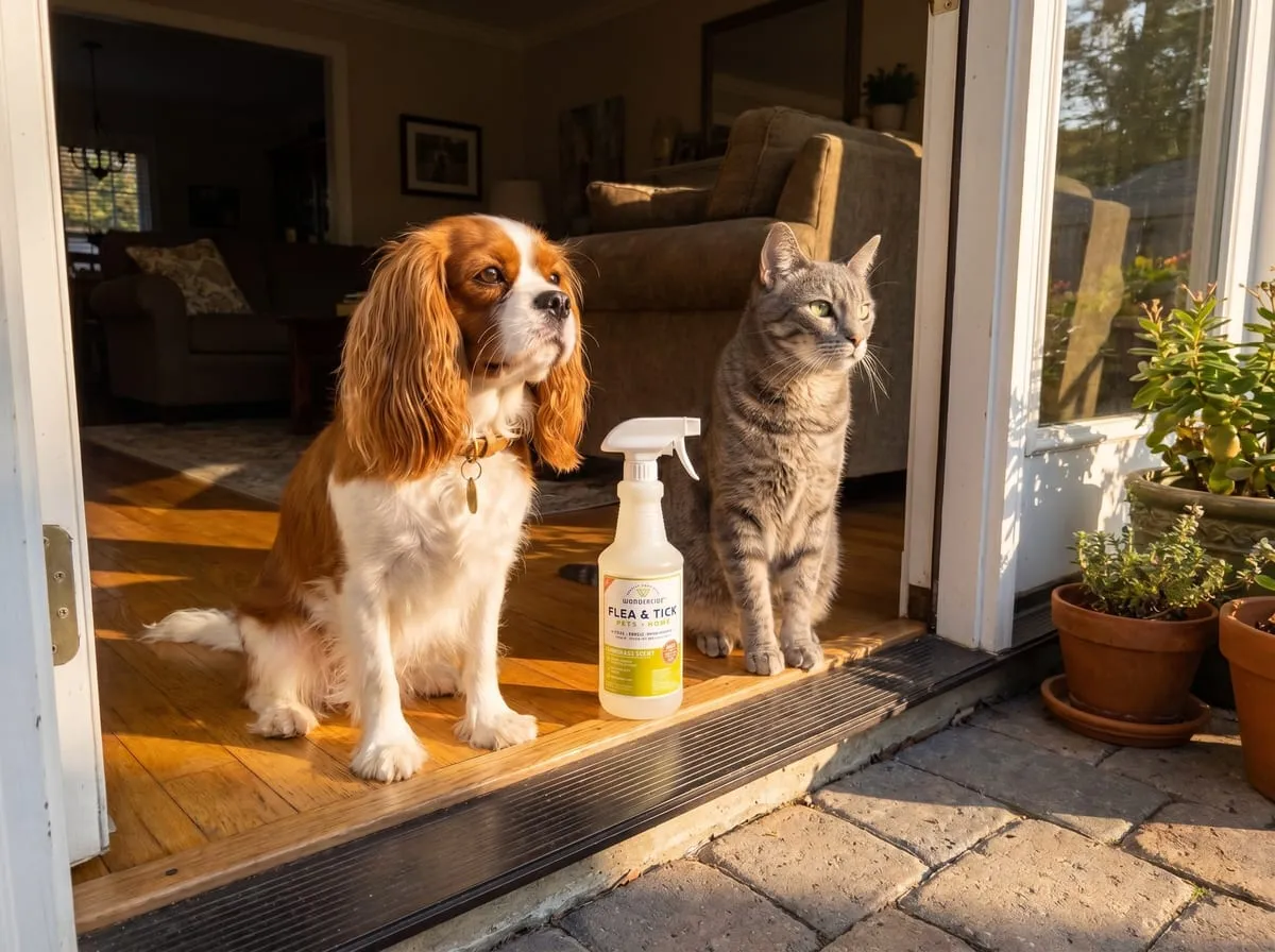 Wondercide flea and tick spray for pets at home with a cat and dog — plant-based pest defense for the whole household