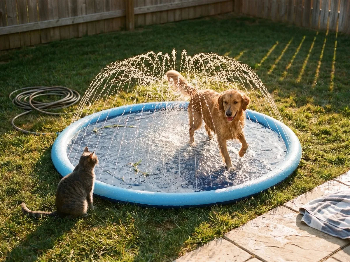 A wide late-afternoon backyard scene with the Peteast dog splash pad active, a golden retriever playing in the spray while a cat watches from the dry grass edge