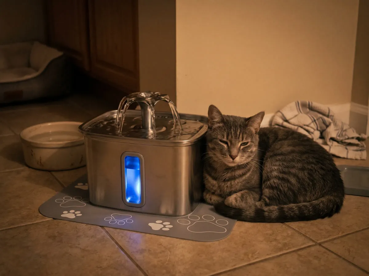 Veken 108oz stainless steel pet water fountain capacity comparison showing the higher outlet and larger 3.2-liter reservoir for multi-pet hydration