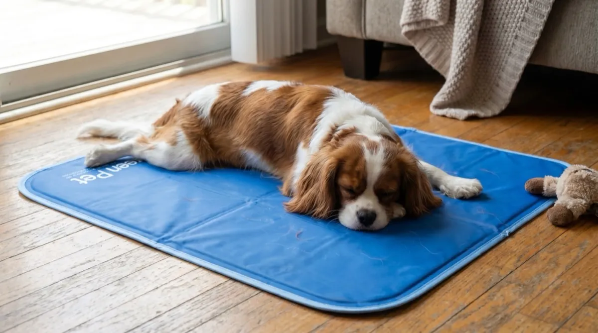 Editorial flat-lay of the Green Pet Shop cooling pad size range, the no-power pet cooling mat shown across small to giant breeds