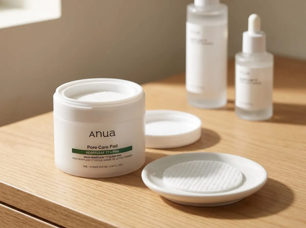 ANUA Heartleaf 77 Toner Pads hero shot with a soft dewy reflection