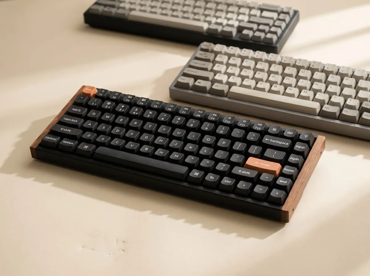 Keychron K2 HE in sharp focus in front of two other mechanical keyboards blurred behind it on a cream backdrop, framed as a comparison