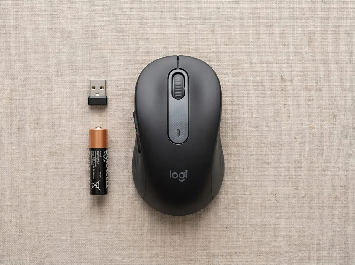 Top-down flat-lay of the Logitech M650 with its Logi Bolt USB receiver and a single AA battery on linen