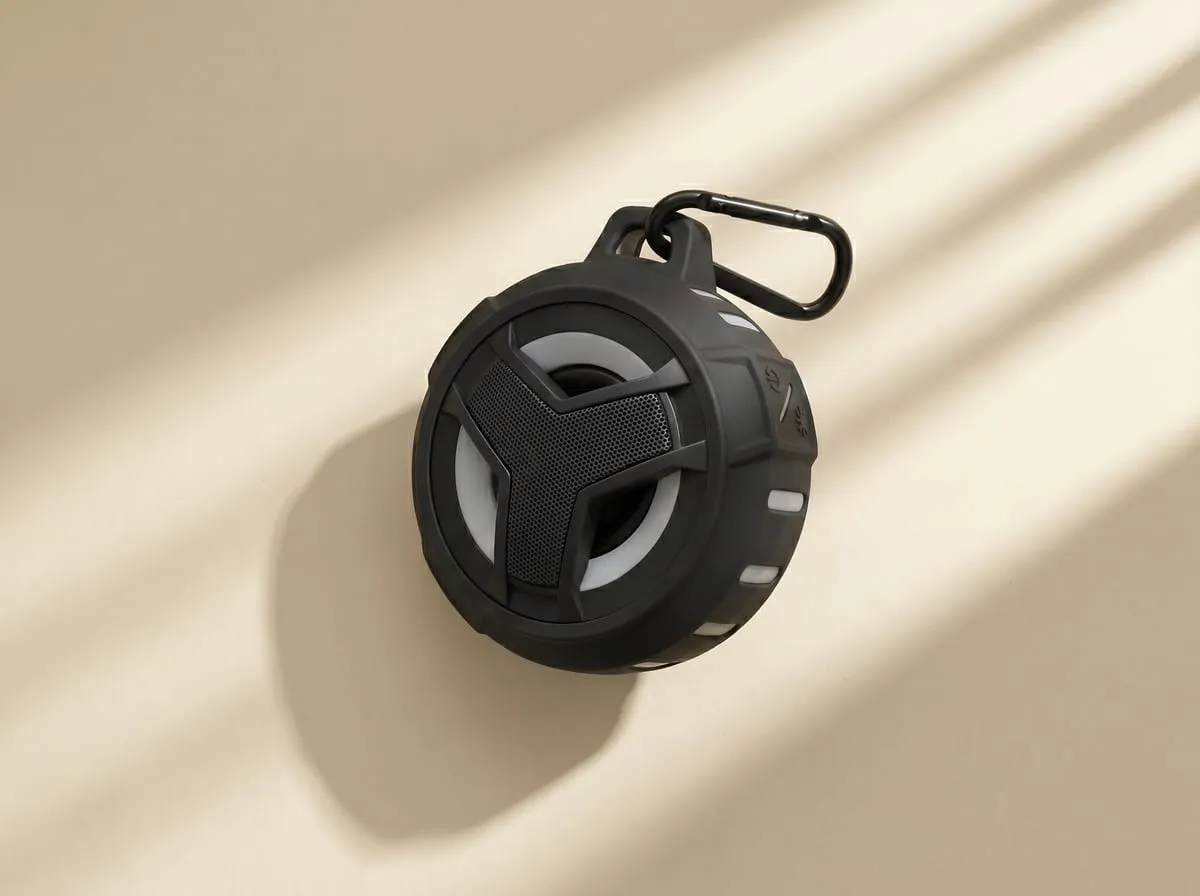 Matte-black EBODA shower speaker on a warm cream studio backdrop showing the front grille, LED ring and aluminum carabiner