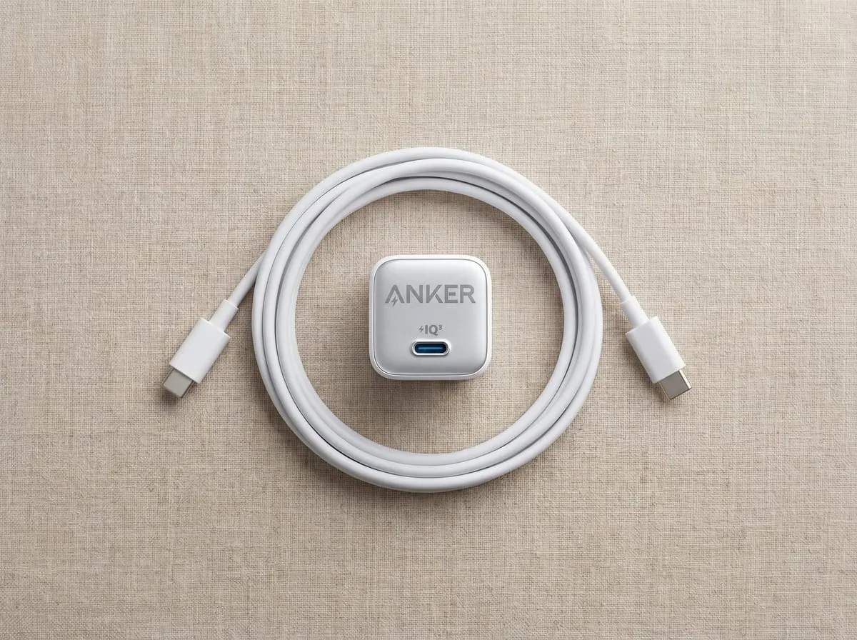Top-down of the Anker Nano 30W charger centered inside a neatly coiled USB-C cable on linen